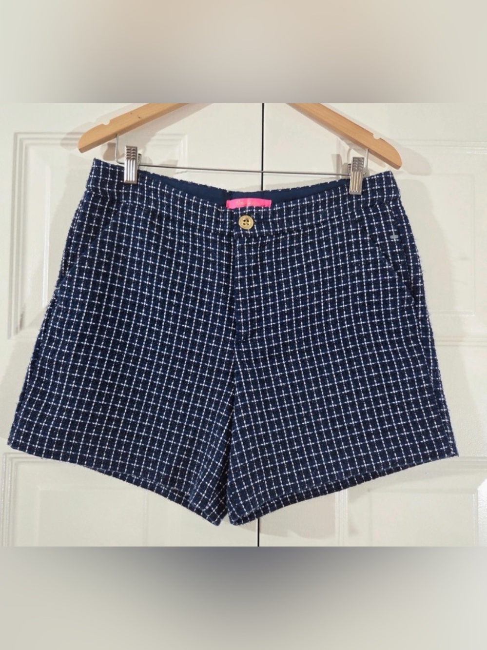 Sz 10 Lilly Pulitzer Gretchen High Rise Navy Check Tweed Women's Shorts NWT
